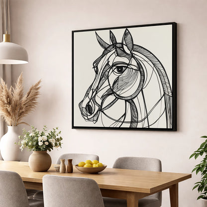 Bold Linear Equine horse portrait wall art displayed in a dining room