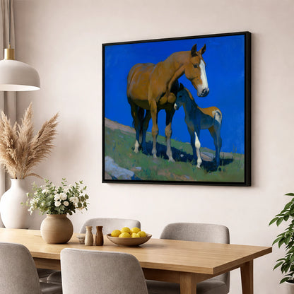 Under the Cobalt Sky mare & foal wall art displayed in a dining room