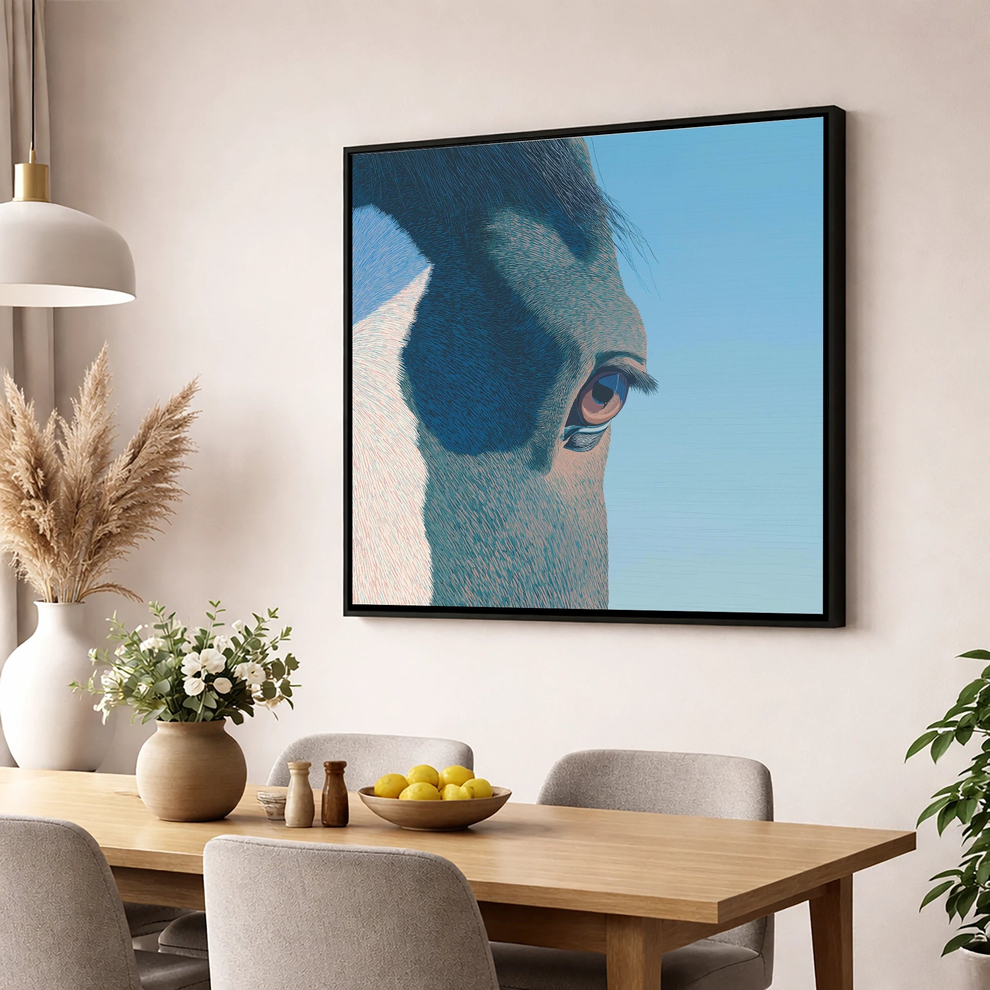 Stillness in Blue horse portrait wall art displayed in a dining room