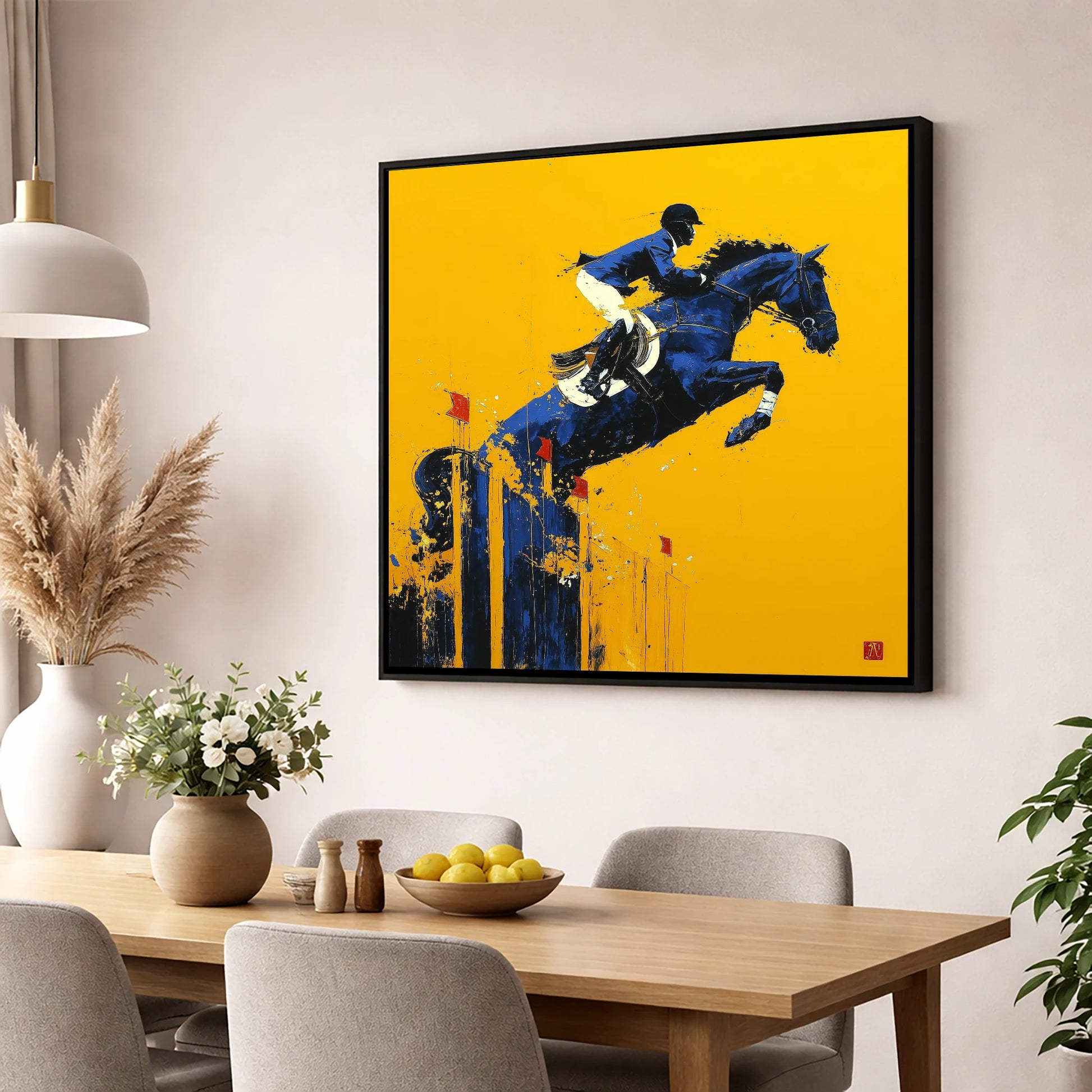 Indigo Ascent show jumping horse wall art displayed in a dining room