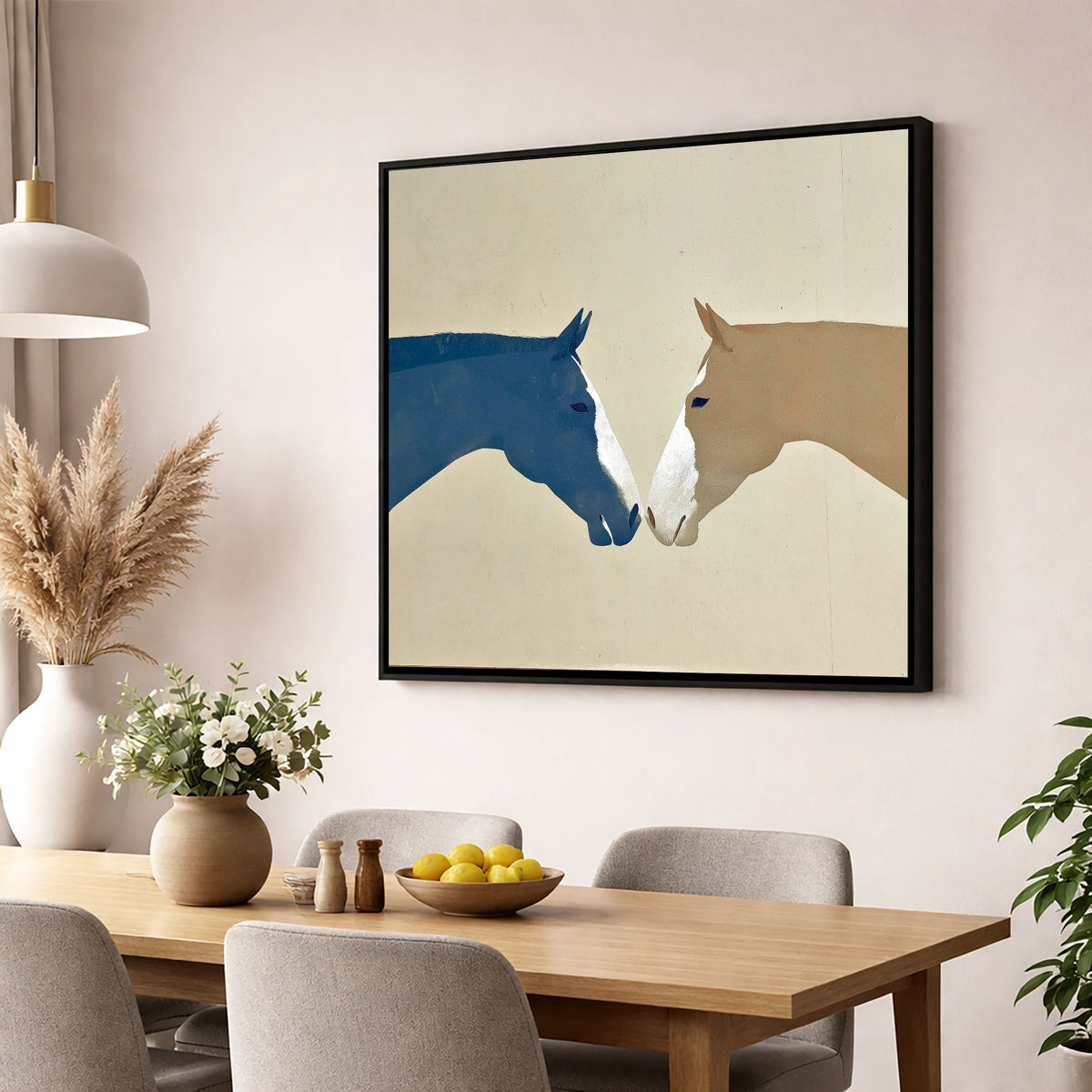 Navy and Tan Horses Greeting horse portrait wall art displayed in a dining room