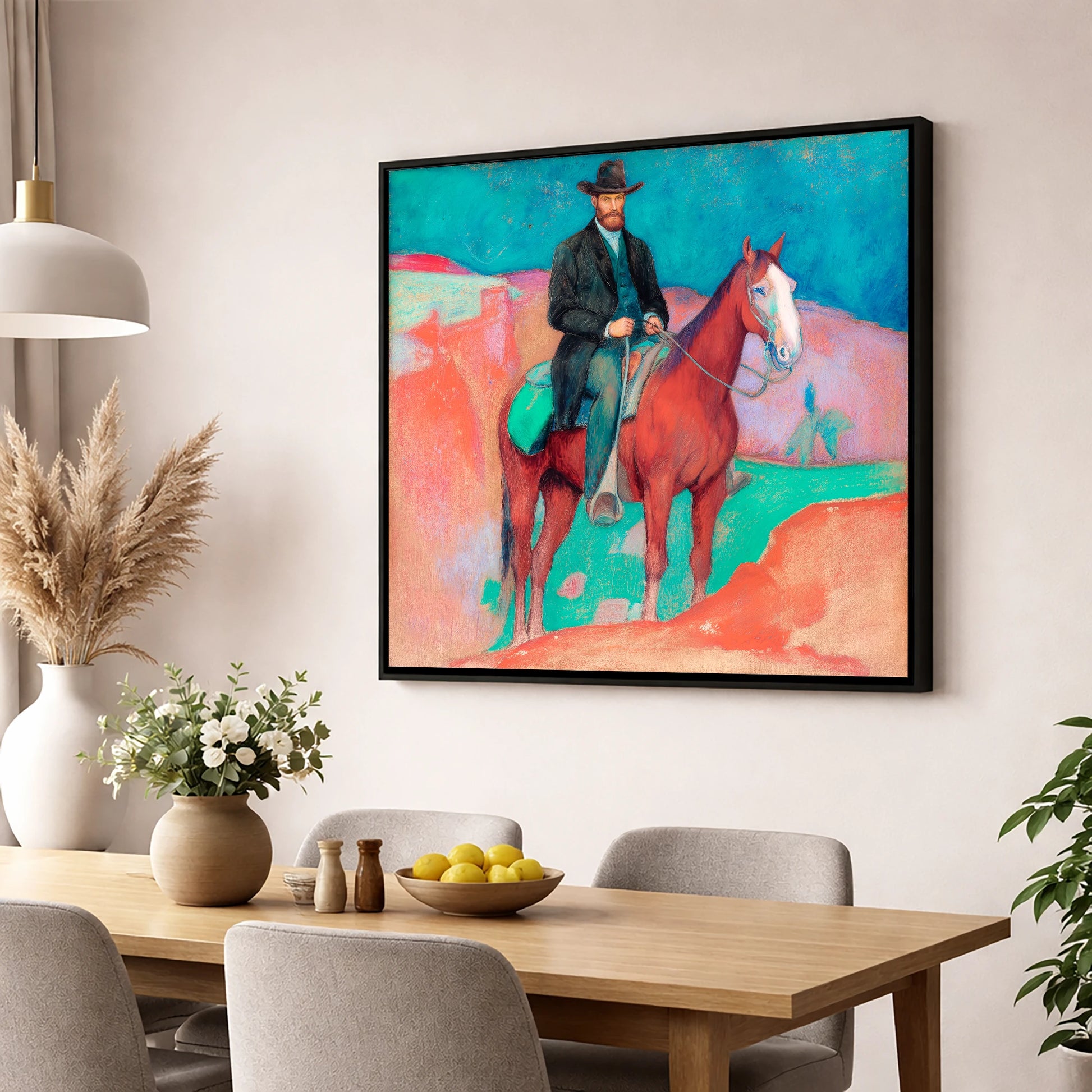 The Painted Frontier western horse wall art displayed in a dining room