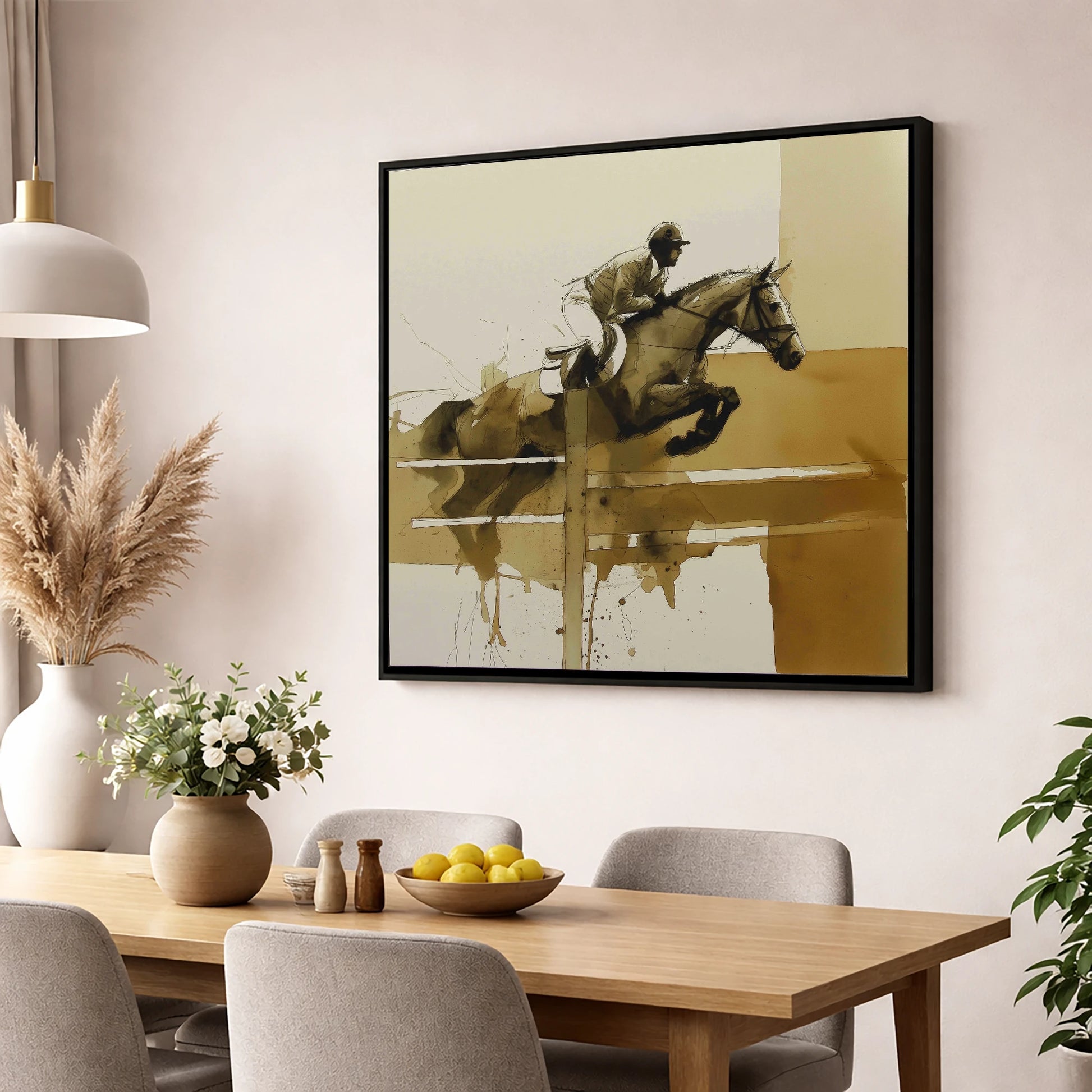 The Perfect Bascule show jumping horse wall art displayed in a dining room