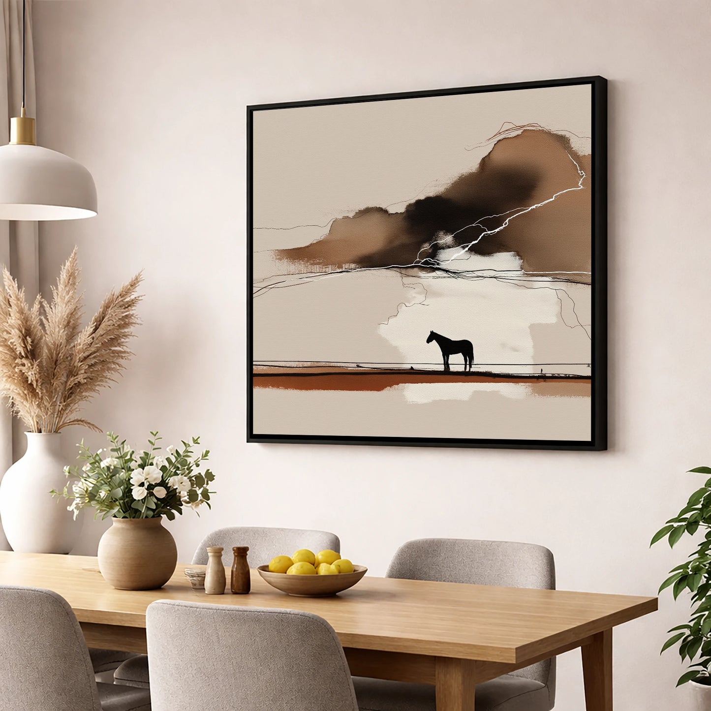 Distant Thunder horse landscape wall art displayed in a dining room