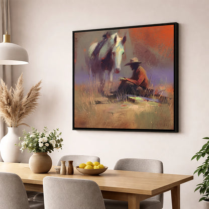 The Rider's Rest horse & rider wall art displayed in a dining room