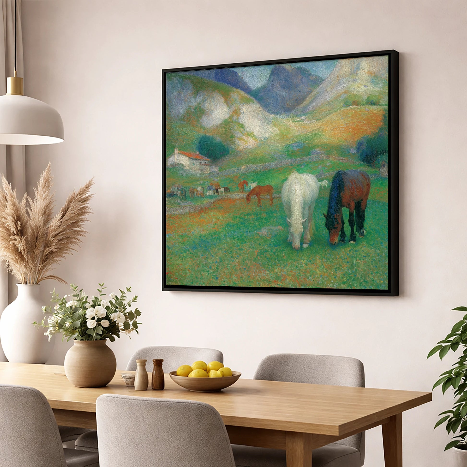 Vibrant Valley Pasture horse landscape wall art displayed in a dining room