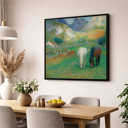 Vibrant Valley Pasture horse landscape wall art displayed in a dining room