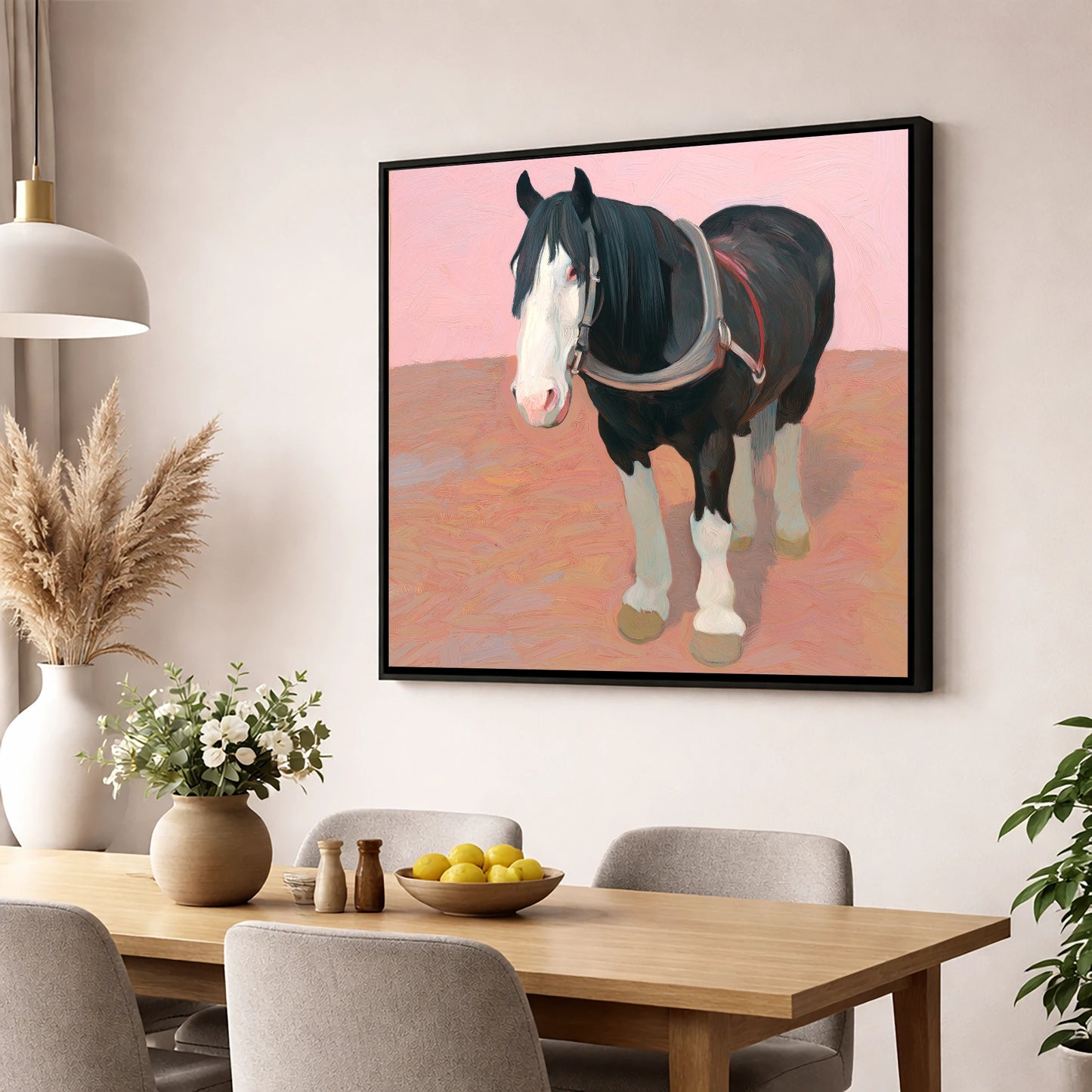 The Gentle Heavy horse breed wall art displayed in a dining room
