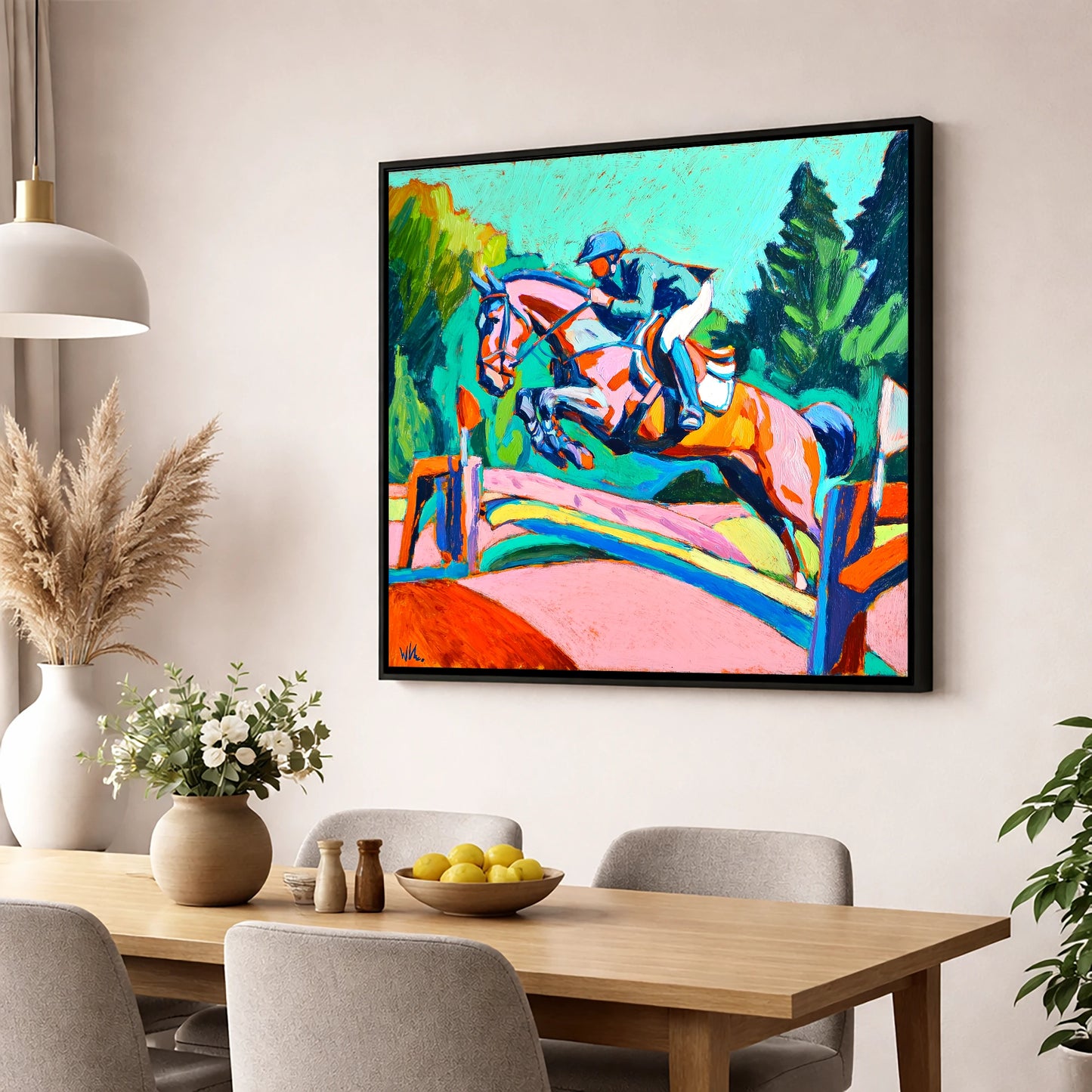 Technicolour Flight show jumping horse wall art displayed in a dining room
