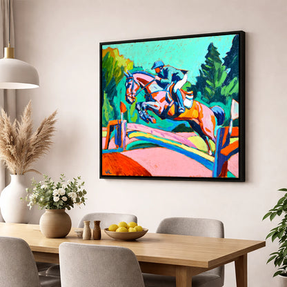 Technicolour Flight show jumping horse wall art displayed in a dining room
