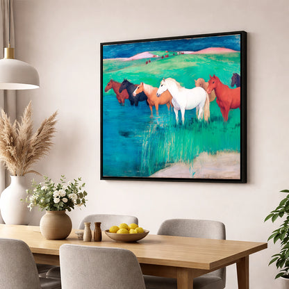 The Emerald Shallows wild horses wall art displayed in a dining room