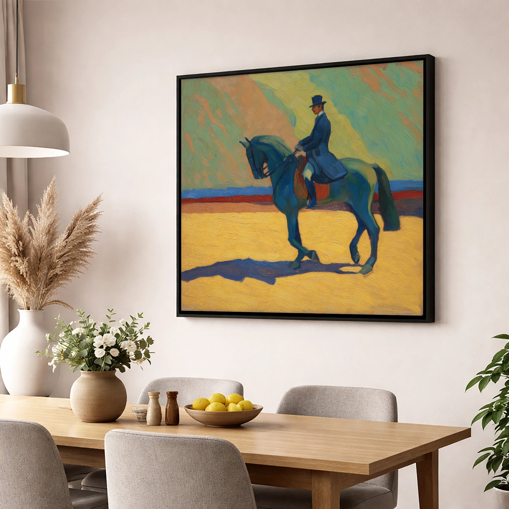 Vivid Dressage Silhouette dressage horse wall art displayed in a dining room