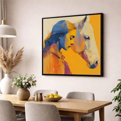 Amber Embrace horse & rider wall art displayed in a dining room