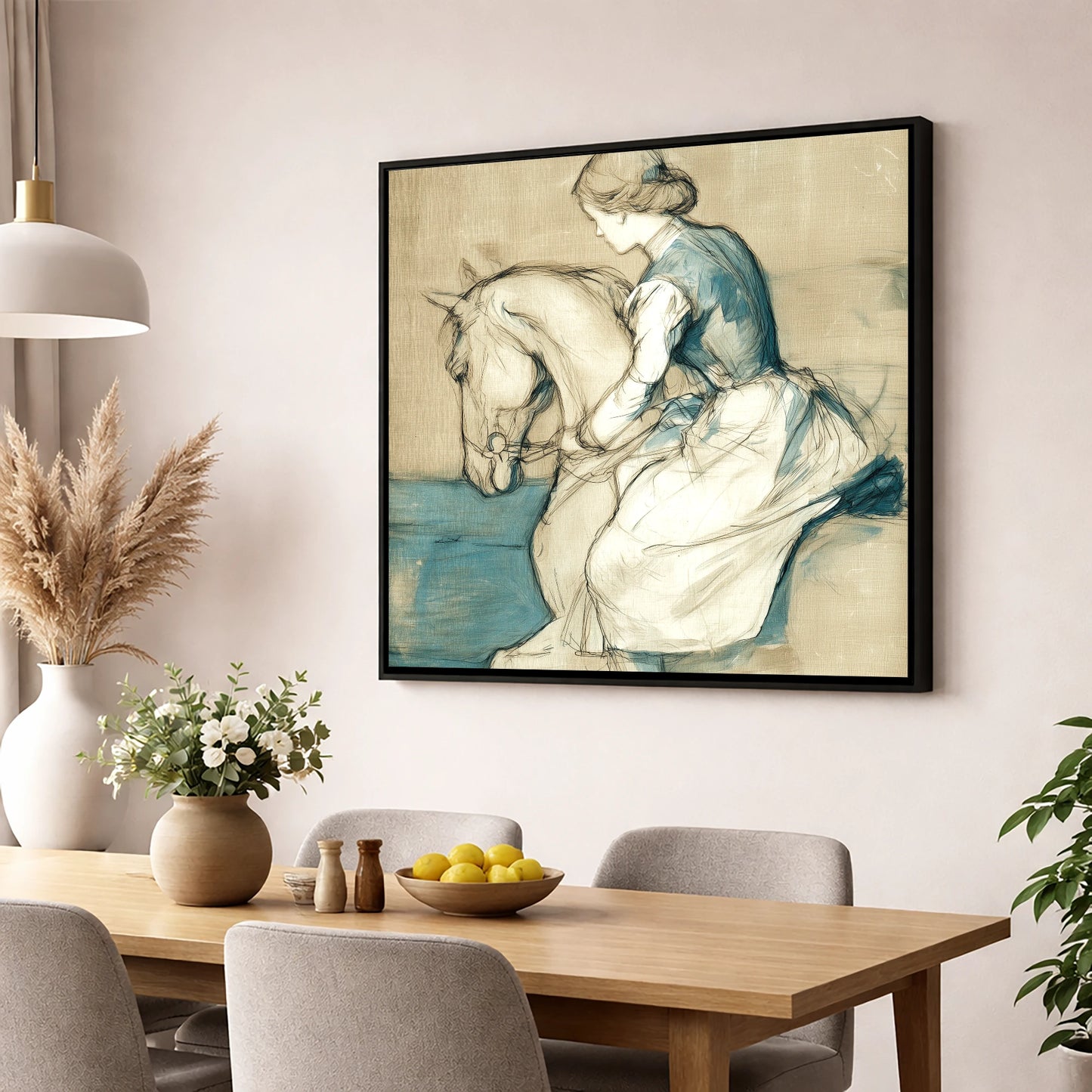 A Quiet Harmony horse & rider wall art displayed in a dining room