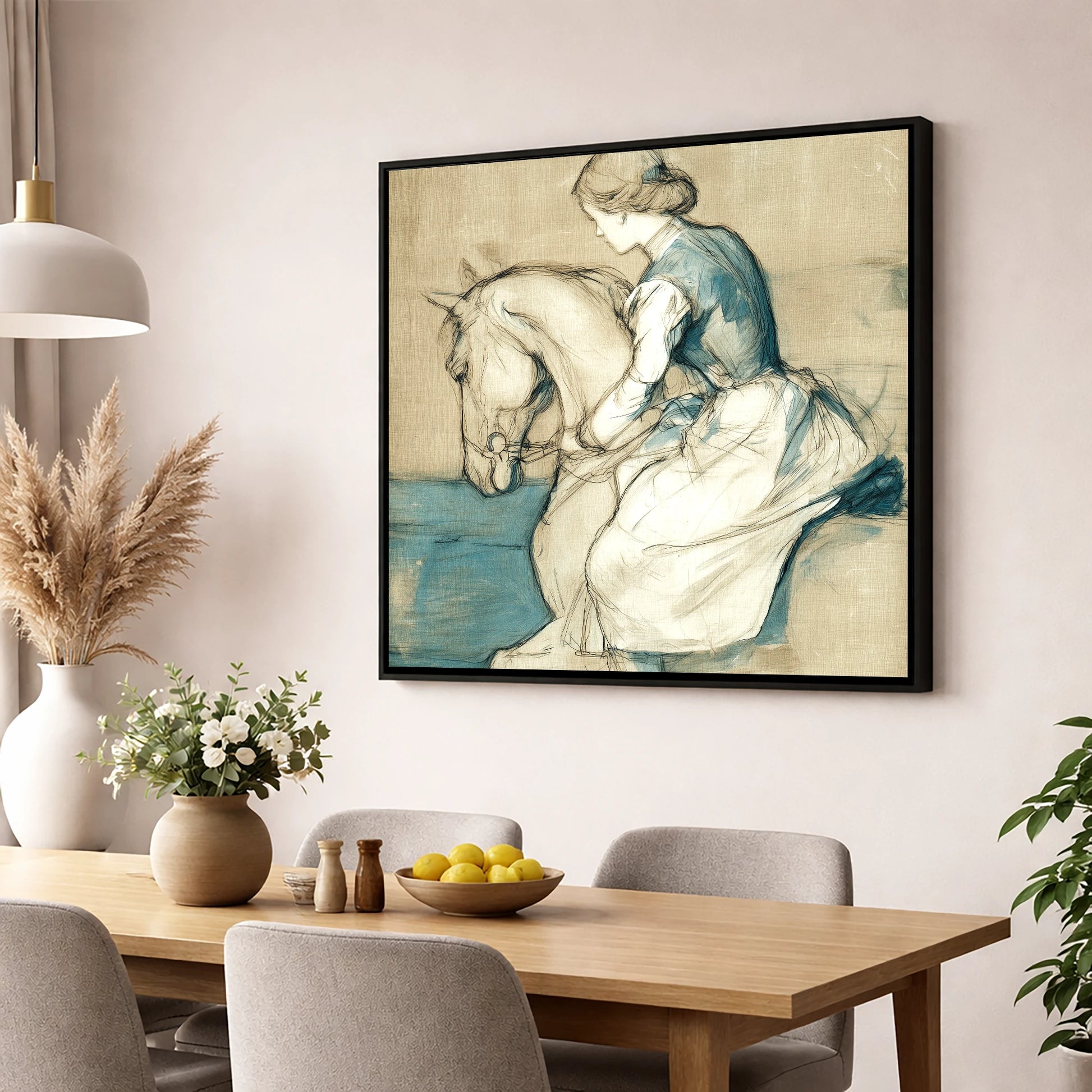 A Quiet Harmony horse & rider wall art displayed in a dining room