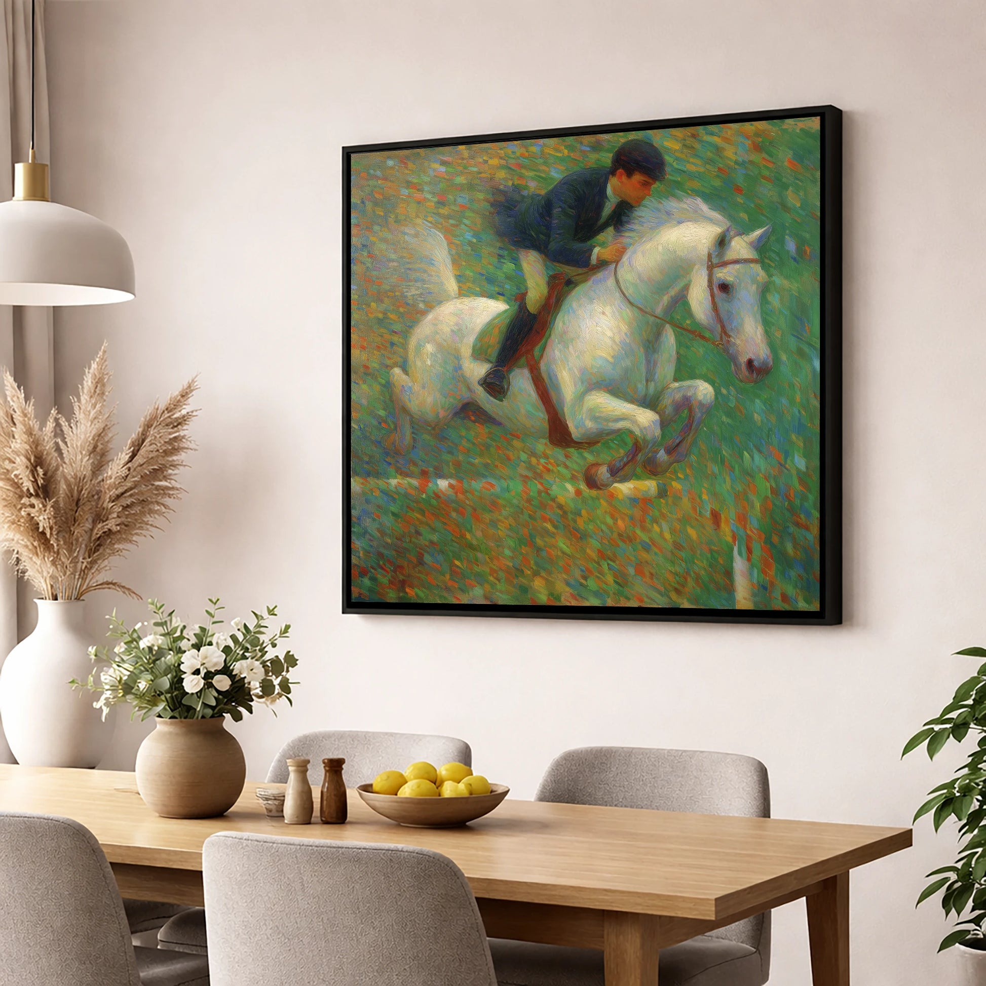 Luminous Jumping Grey show jumping horse wall art displayed in a dining room
