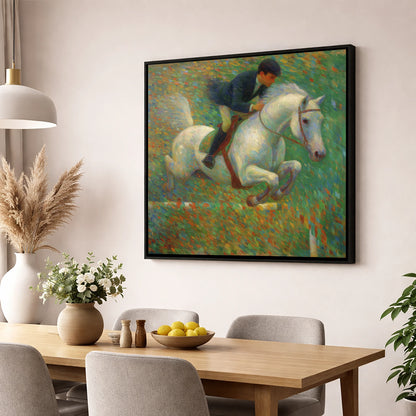 Luminous Jumping Grey show jumping horse wall art displayed in a dining room