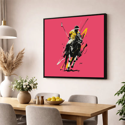 Velocity in Magenta polo horse wall art displayed in a dining room