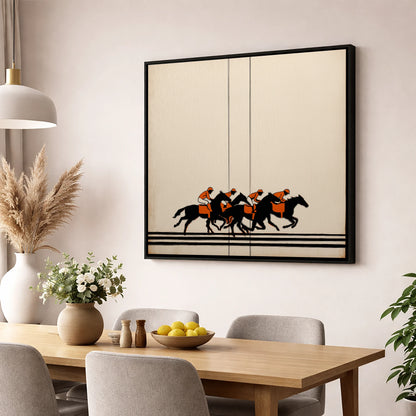 The Orange Silks racing horse wall art displayed in a dining room