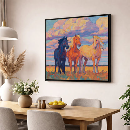 Three Under Painted Skies horse landscape wall art displayed in a dining room