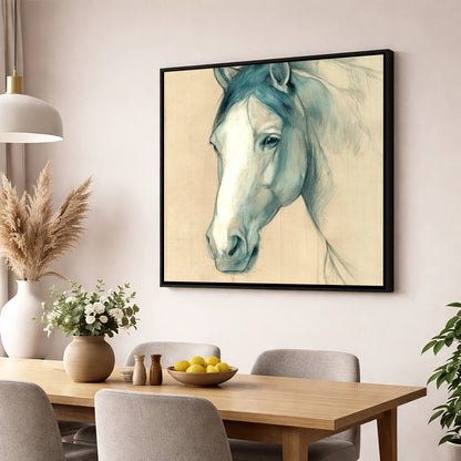 Azure Equine Study horse portrait wall art displayed in a dining room