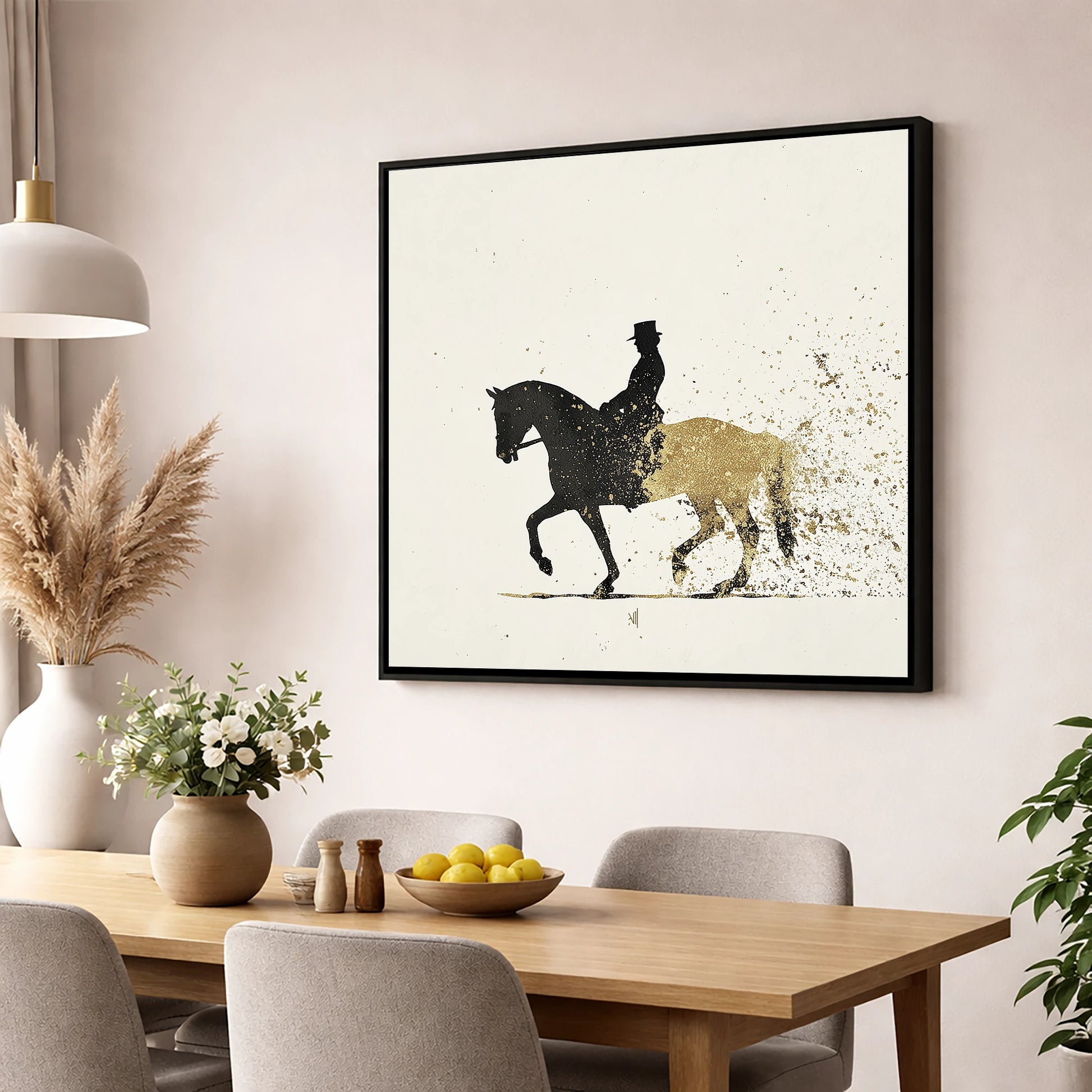 The Golden Passage dressage horse wall art displayed in a dining room