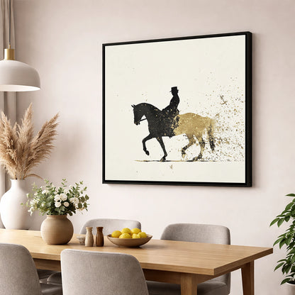 The Golden Passage dressage horse wall art displayed in a dining room