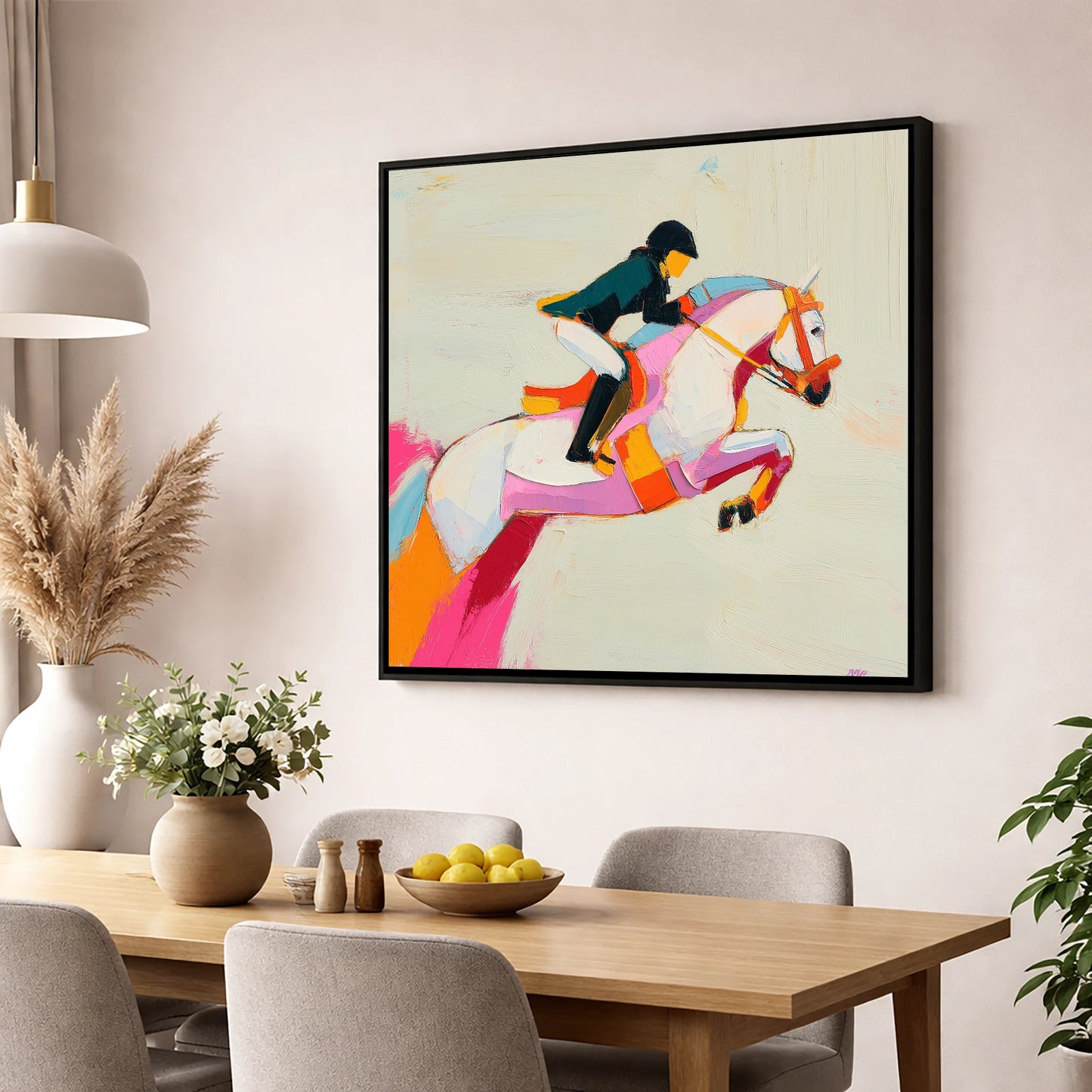 Vivid Bascule show jumping horse wall art displayed in a dining room