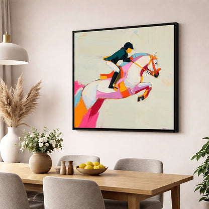 Vivid Bascule show jumping horse wall art displayed in a dining room
