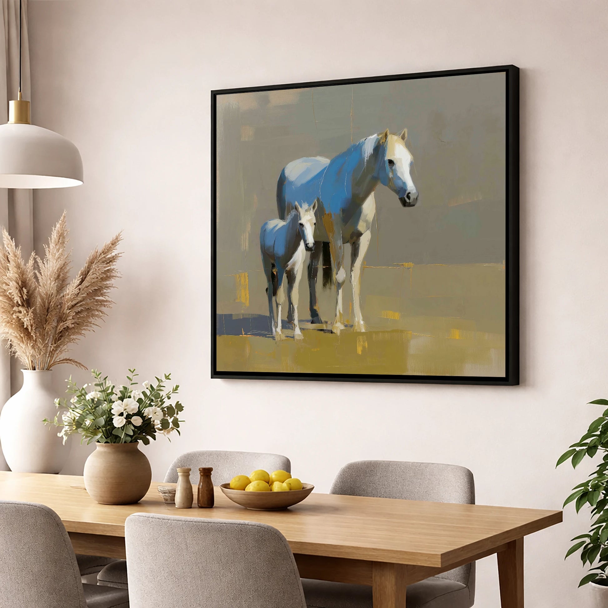 A Mother’s Quiet Watch mare & foal wall art displayed in a dining room