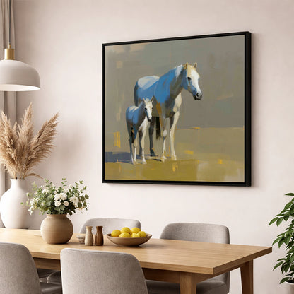 A Mother’s Quiet Watch mare & foal wall art displayed in a dining room