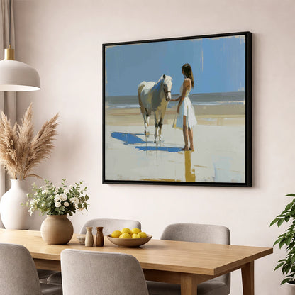 Serenity at Tide's Edge horse & rider wall art displayed in a dining room