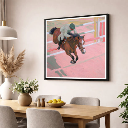 Suspended in Pink show jumping horse wall art displayed in a dining room