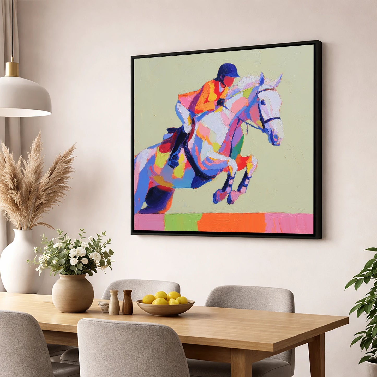 Technicolour Flight show jumping horse wall art displayed in a dining room