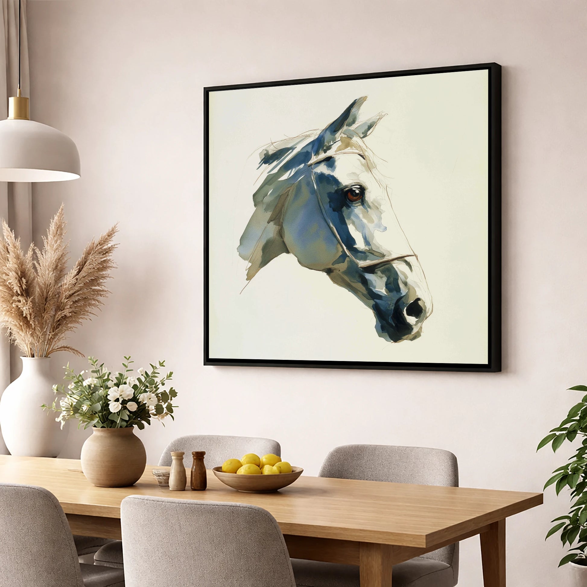 Sapphire Gaze in Indigo horse portrait wall art displayed in a dining room