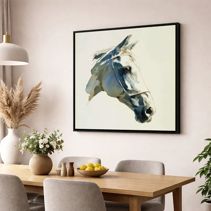 Sapphire Gaze in Indigo horse portrait wall art displayed in a dining room