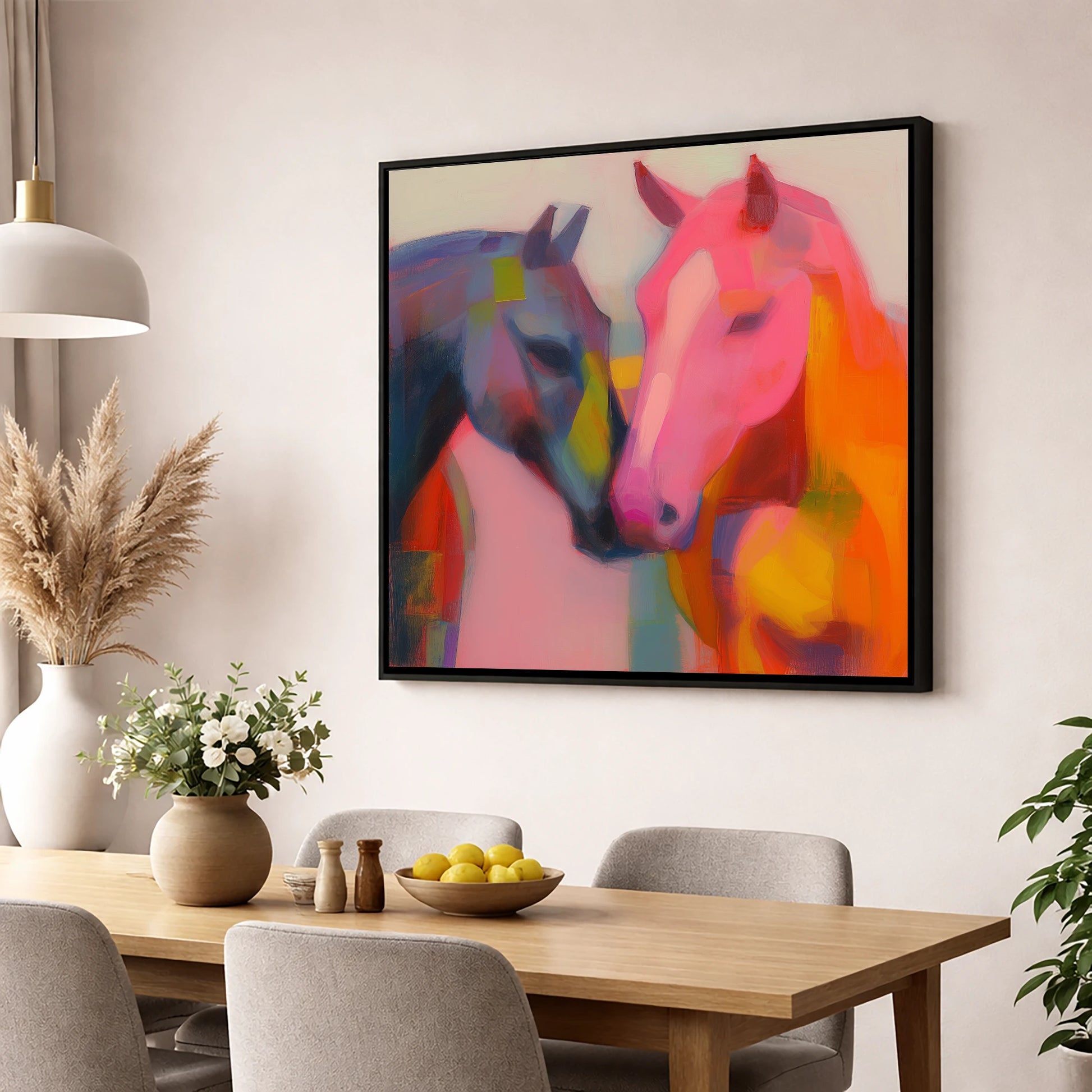 Vibrant Companions horse portrait wall art displayed in a dining room
