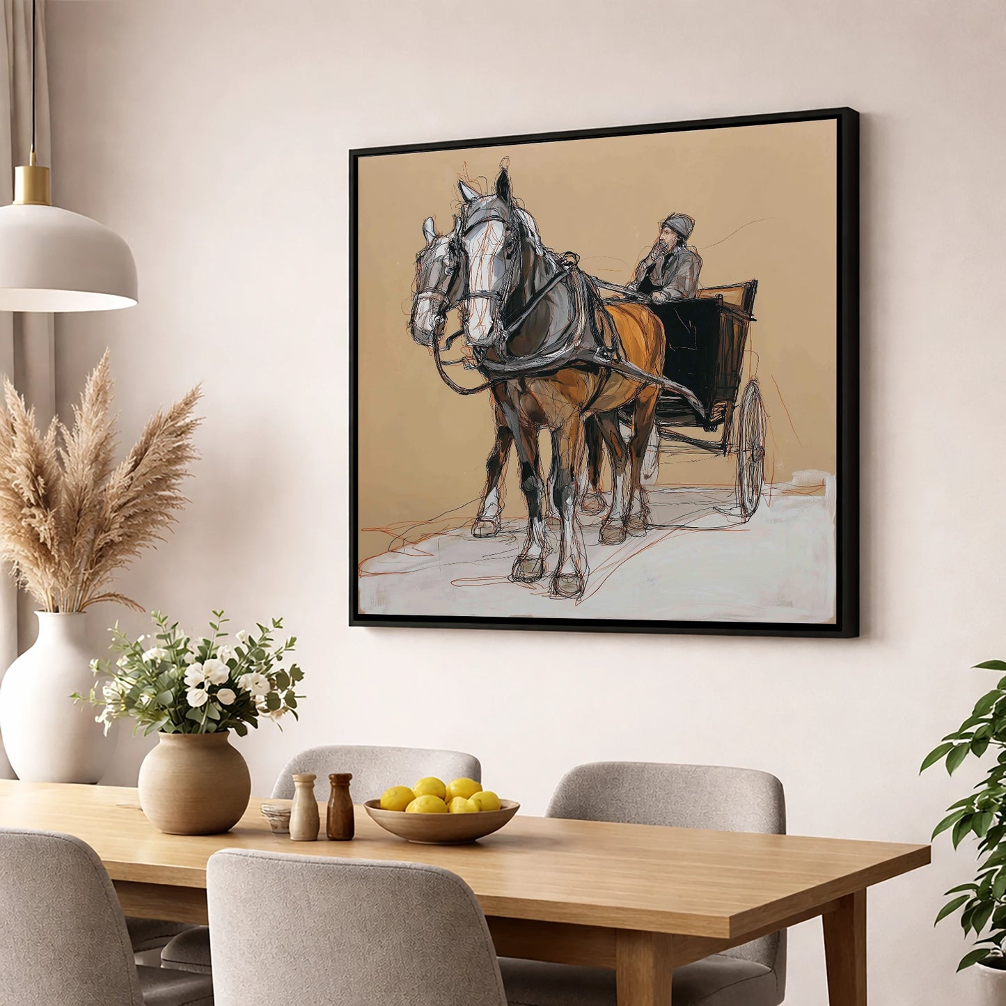 The Coachman's Team working horse wall art displayed in a dining room