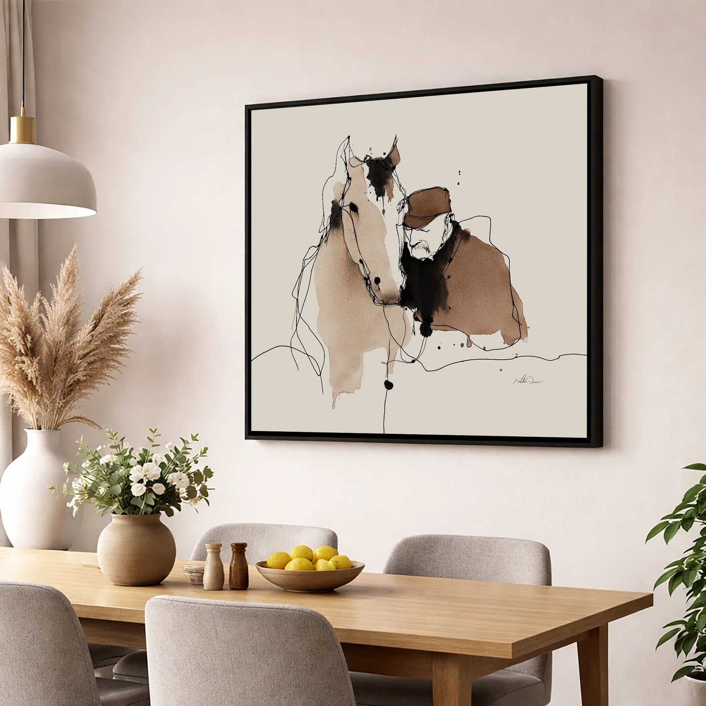Silent Companions horse & rider wall art displayed in a dining room