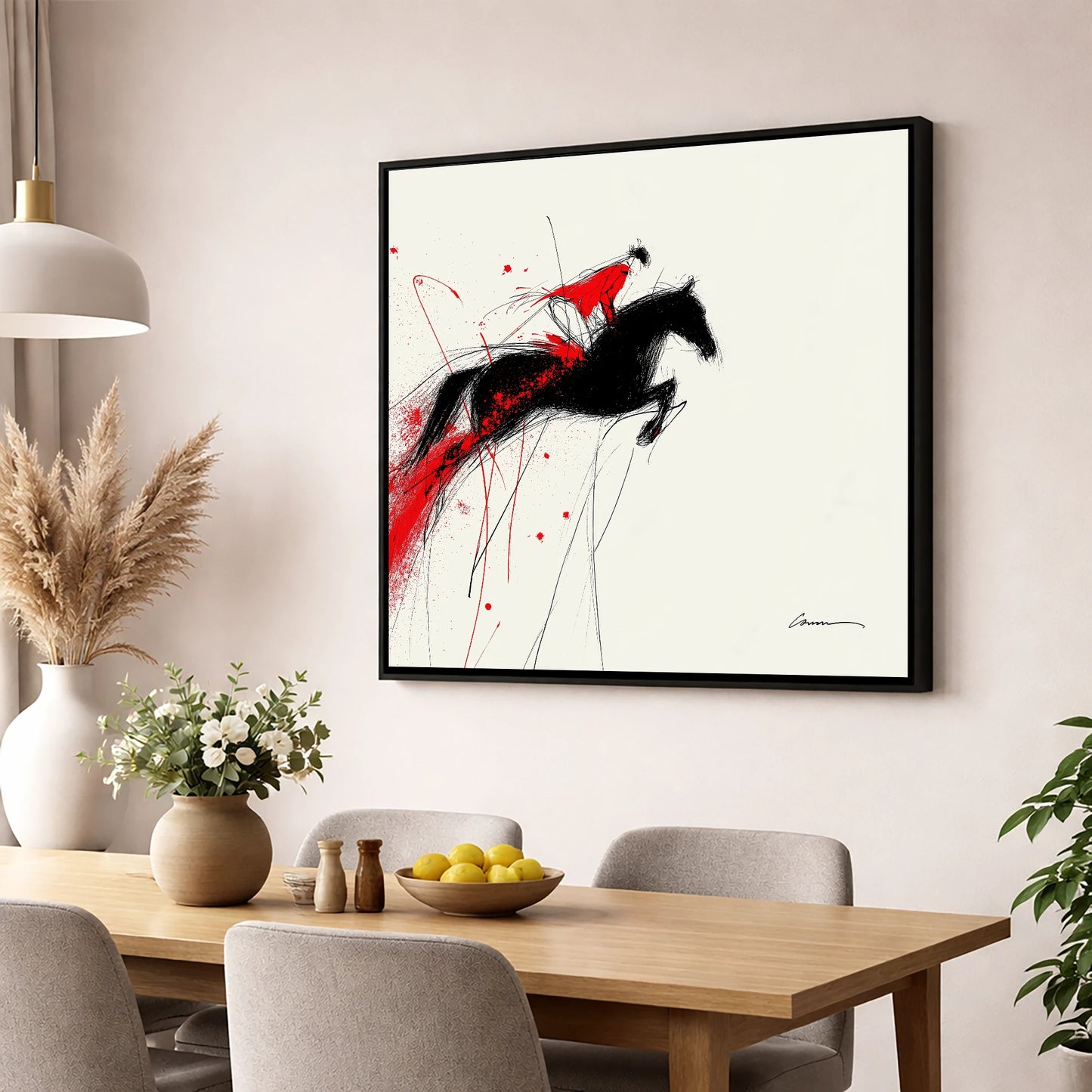 Crimson Flight show jumping horse wall art displayed in a dining room