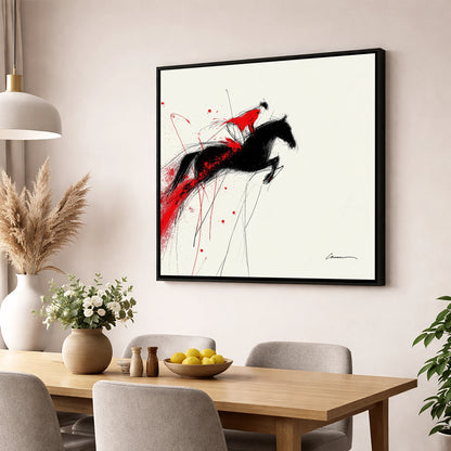 Crimson Flight show jumping horse wall art displayed in a dining room