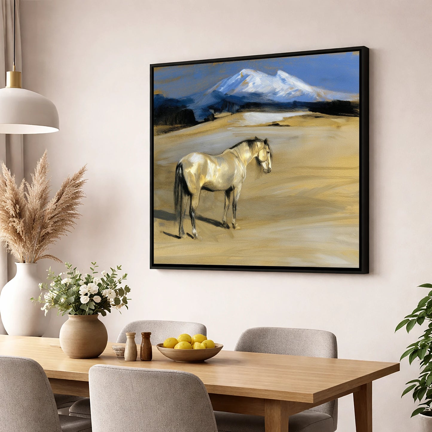 Mountain Sentinel horse landscape wall art displayed in a dining room