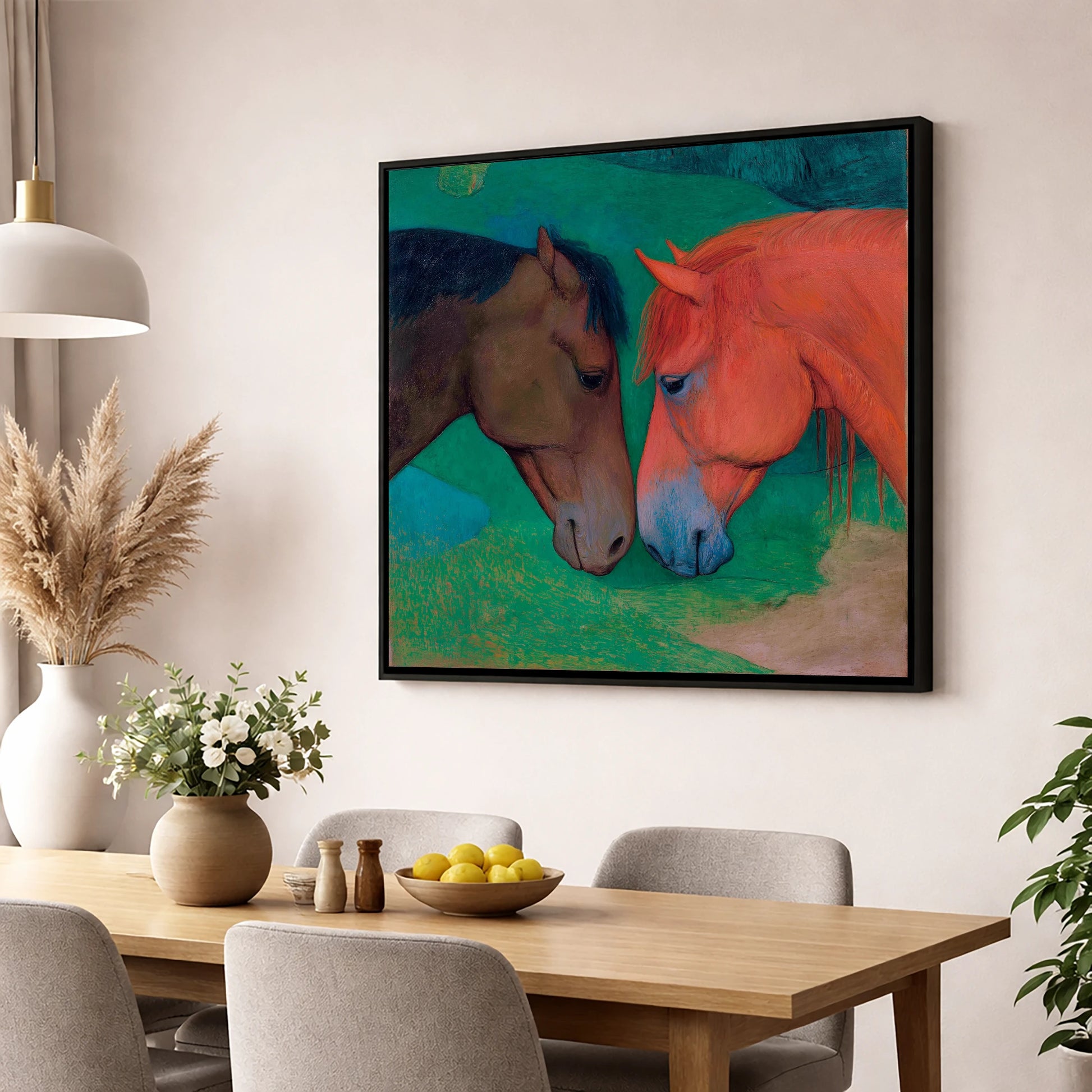 Gentle Companions horse portrait wall art displayed in a dining room