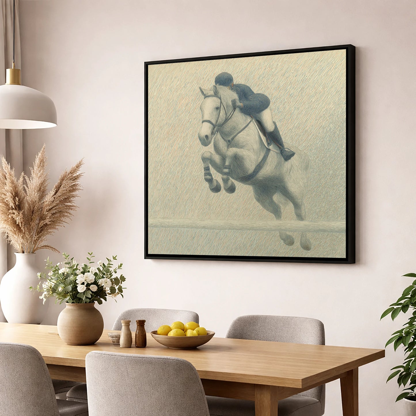 Elegance in Flight show jumping horse wall art displayed in a dining room