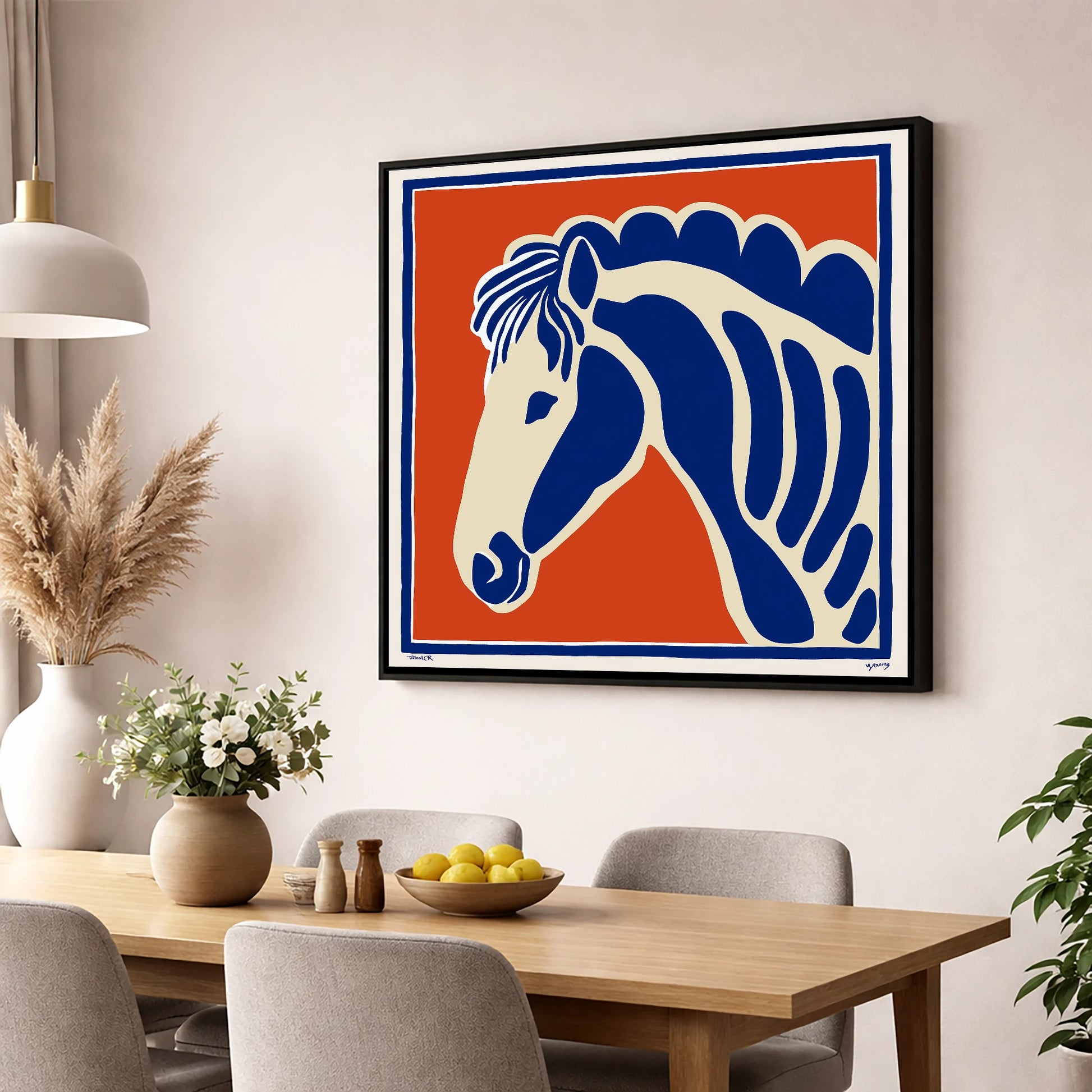 Cobalt Equine Profile horse portrait wall art displayed in a dining room