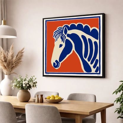 Cobalt Equine Profile horse portrait wall art displayed in a dining room