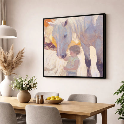 The First Touch horse & rider wall art displayed in a dining room