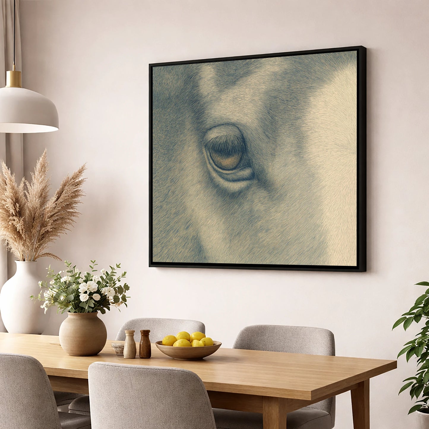 The Gentle Eye horse portrait wall art displayed in a dining room