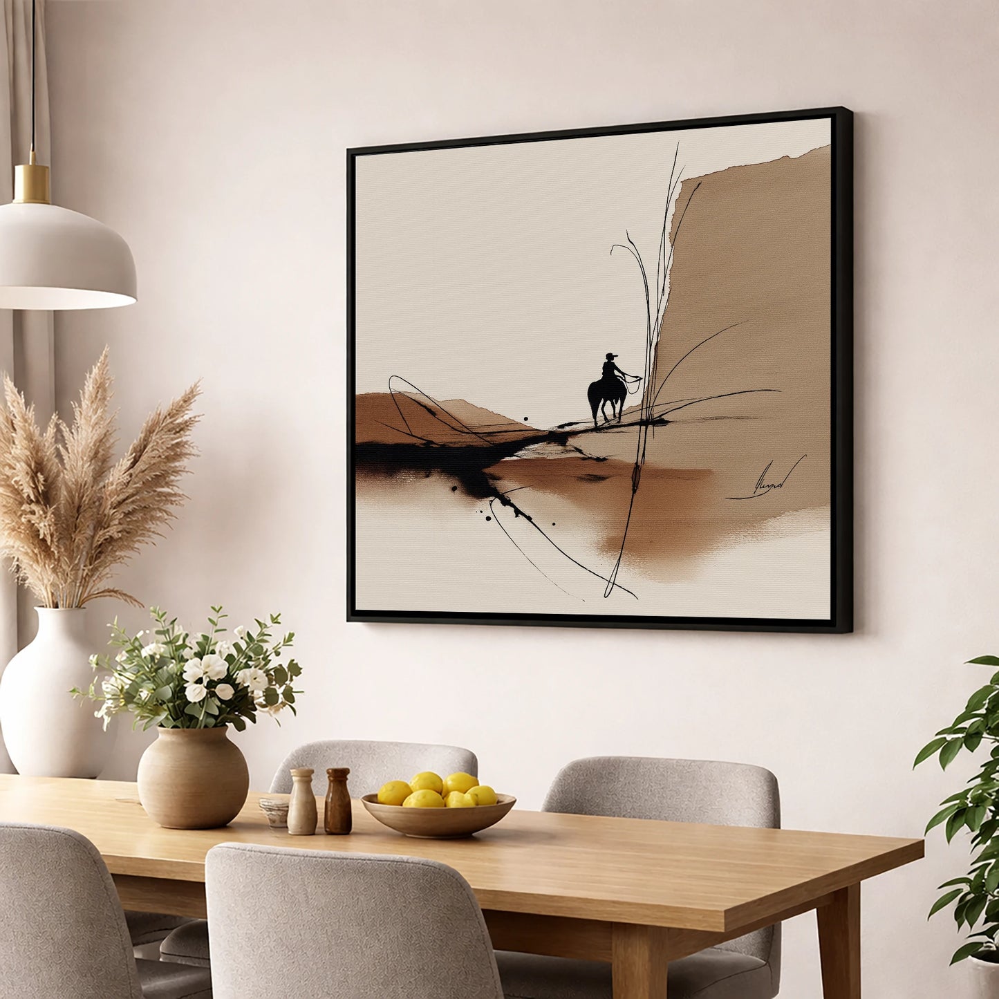 Sepia Horizons western horse wall art displayed in a dining room
