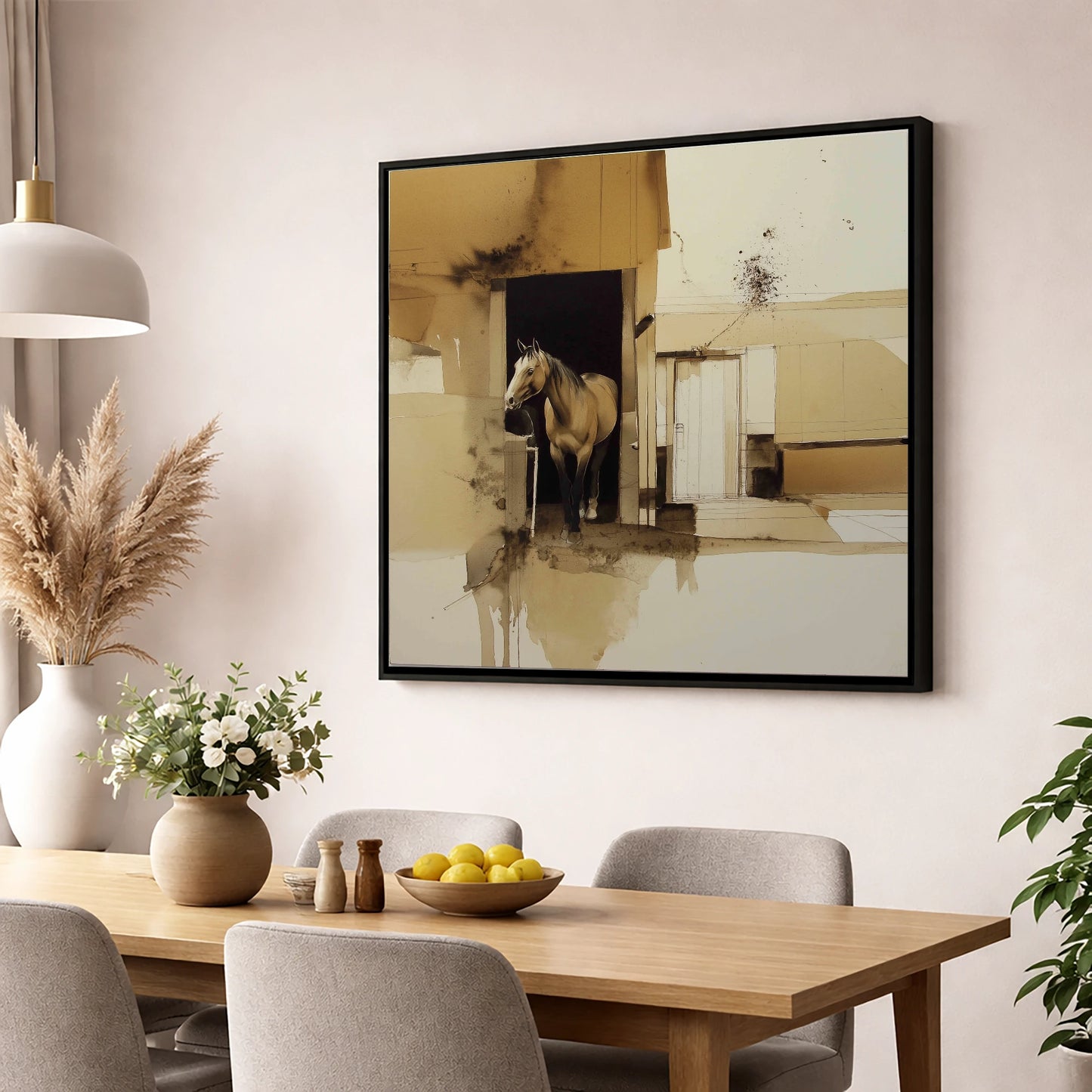 Sepia Stable Threshold horse stable wall art displayed in a dining room